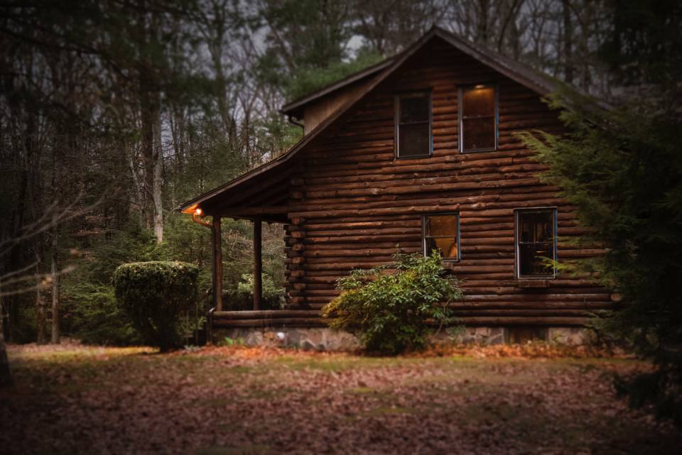 Cabane en rondins au milieu des arbres